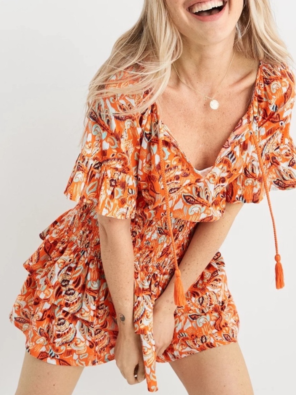 NWT Aerie Orange Floral Smocked Waist Mini Ruffle Peasant Dress Women’s Size XL
